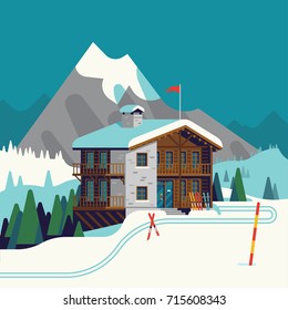 Cool Vector Ski Resort Mountain Detailed Landscape With Lodge, Spruce Trees And Ski Tracks. Winter Sports Vacation Destination Concept Background