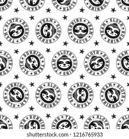 Cool vector sloth running team seamless pattern. Sport style repeating background with funny sloth's faces, adorable cartoon animal. Black and white print