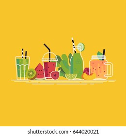 Cool Vector Smoothies And Fresh Pressed Fruit Juice Line-up Illustration In Flat Design