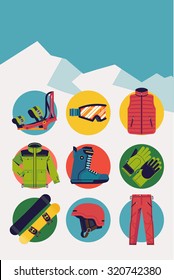 Cool vector snow mountain clear sky background with snowboarding items icons | Snowboarding skiing equipment design elements on winter ski snow background
