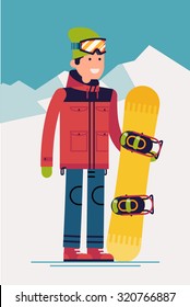 Cool vector snowboarder character standing full length on snowy mountain background | Flat design winter sport activity adult male person holding snowboard wearing ski clothing and equipment