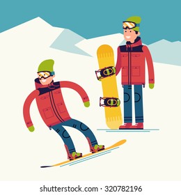 Cool vector snowboarder male character standing with board wearing ski clothes and goggles riding down the slope at ski resort, flat design