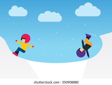 Cool vector snowboarder standing with board wearing ski clothes and goggles riding down the slope at ski resort, flat design