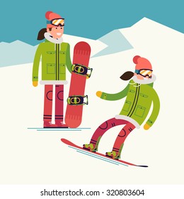 Cool vector snowboarder woman character standing with board wearing ski clothes and goggles riding down the slope at ski resort, flat design | Adult young female snowboarder person