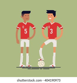 Cool vector soccer football players standing full length, isolated. Couple of soccer players in uniforms standing with ball smiling. Sport professional career