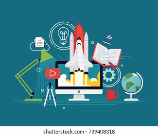 Cool vector startup research concept illustration. Flat vector visual on fast online education and intensive e-learning courses. High productivity in education process