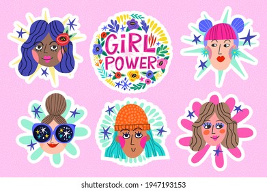 Cool vector stickers pack with girls faces and lettering. Girl Powers Stickes.