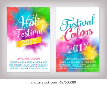 Cool vector Summer Festival background set with abstract colorful rainbow paint clouds. Poster, brochure, banner or flyer template design on 'Festival of Colors' and 'Holi Festival' with sample text