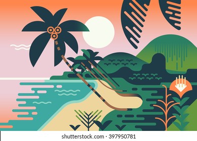 Cool vector summer vacation exotic travel destination background. Paradise palm tree island sand shore illustration in flat design. Geometric stylized tropical landscape. Abstract jungle and sea shore