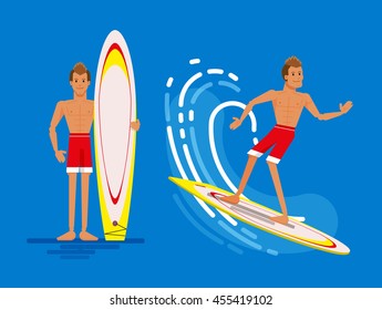 Cool vector surfer character in red shorts with surfboard standing. Man on surfing vacation riding ocean wave. Surf travel, recreational beach water sport flat design character on surfing