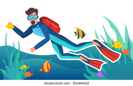 Cool vector surfer character in surf trunks with surfboard standing and riding on ocean wave. Recreational beach water sport design character on surfing. Man on surfing vacation. Surf travel
