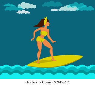 Cool vector surfer character in swimsuit with surfboard riding on ocean wave. Vector illustration in modern flat design.