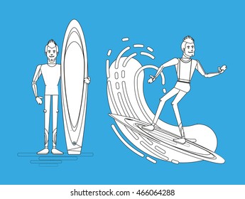 Cool vector surfer character in wetsuit with surfboard standing. Man on surfing vacation riding ocean wave. Surf travel, recreational beach water sport flat design character on surfing