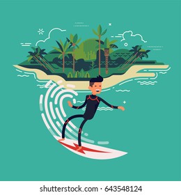 Cool vector surfer character in wetsuit with surfboard riding on ocean wave with tropical island on background. Recreational beach water sport flat design character on surfing. Surf travel