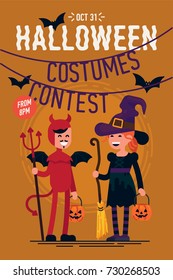 Cool vector template on Halloween Costumes Contest party poster, banner or flyer with happy laughing characters wearing red devil and witch costumes