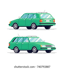 Cool Vector Transportation Flat Design Item Station Wagon Family Car. Classic Looking Hatchback Vehicle, Rear And Front View