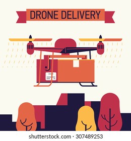 Cool vector trendy flat design on future of drone delivery in online store shipment and delivery service | Quadcopter carrying shipping container box while flying over city skyline
