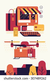 Cool vector trendy flat design on  future of online shopping and drone order delivery and shipment service 