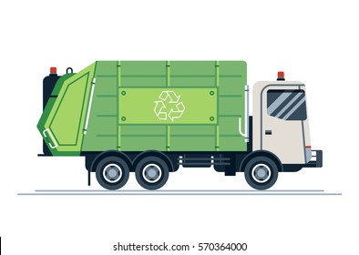 Cool vector urban sanitary vehicle garbage front loader truck. Residential and commercial solid waste collection and transportation. Green garbage truck