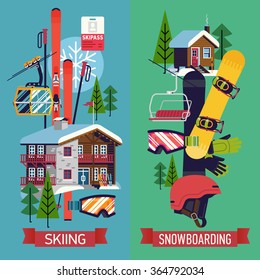 Cool vector vertical web banners, posters or flyer templates on skiing and snowboarding in flat design with skis, snowboard, helmet, ski resort mountain lodge and warming cabin, chairlift and more