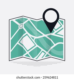 Cool vector web or application icon on location mark and position on map with abstract streets and river bed represented
