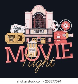 Cool vector web banner or graphic design element on Movie Night event with detailed retro motion picture film projector, admit one cinema theater tickets, popcorn and beautiful theater building facade