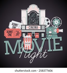 Cool vector web banner or graphic design element on Movie Night event with detailed retro motion picture film projector, admit one cinema theater tickets, popcorn and beautiful theater building facade