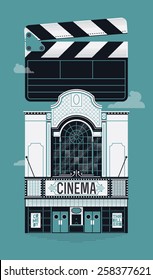 Cool vector web banner or poster design on cinema with beautiful detailed retro motion picture movie theater building facade and clapboard