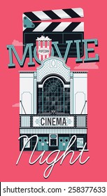 Cool Vector Web Banner Or Poster Design Element On Movie Night Event With Beautiful Detailed Retro Motion Picture Cinema Theater Building Facade, Popcorn And Clapboard