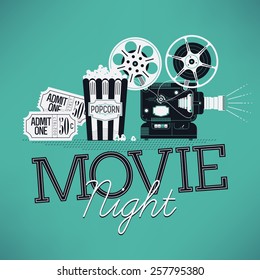 Cool vector web banner or printable design element on Movie Night event with detailed retro motion picture film projector, admit one cinema theater tickets and popcorn