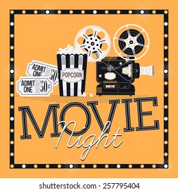 Cool vector web banner or printable design element on Movie Night event with detailed retro motion picture film projector, admit one cinema theater tickets, marquee frame with bulbs and popcorn 