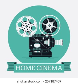 Cool vector web icon on home cinema with detailed retro motion picture film projector on circle background and ribbon with title