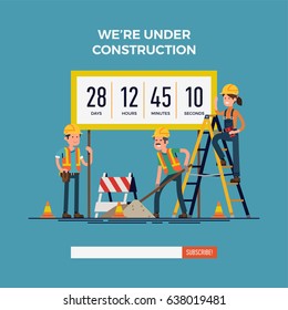 Cool vector website 'Under Construction' landing page template with worker characters doing their job, countdown area and 'Subscribe' bar