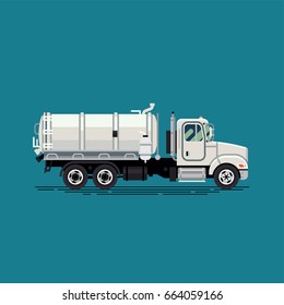 Cool vector white sewage truck. Vacuum tank truck. Residential and commercial liquid waste collection and transportation