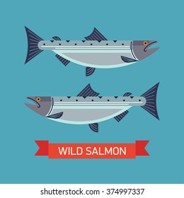 Cool vector wild salmon fish icon in flat design. Seafood decorative design element