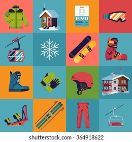 Cool vectorial de los íconos cuadrados de deportes de invierno sobre esquí y snowboarding presentando, botas, gafas, telesilla, construcción de lodge de montaña, encuadernación, casco y más. Ideal para el diseño gráfico y web de deportes de invierno