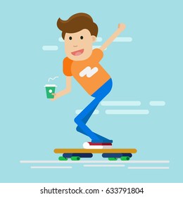 Cool vector young man character with beard and takeaway coffee riding longboard skateboard. Confident adult man carrying coffee paper cup rides skateboard. Vector flat design illustration.