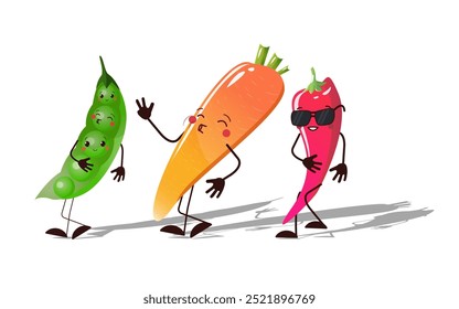 Cool vegetable funny characters. Singing carrot, pepper with glasses and funny peas. Vector illustration for printing and use in the design of various elements and objects