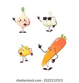 Cool vegetable funny characters. Singing carrot and pepper, funny onion and garlic. Vector illustration for printing and use in the design of various elements and objects