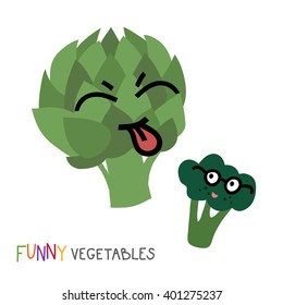 Cool vegetables. Childish funny style. The artichoke and the broccoli.