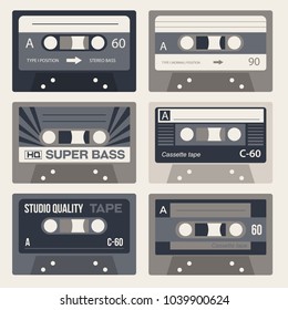 Cool vintage audio cassettes, retro technology set.
