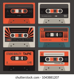 Cool vintage audio cassettes, retro technology set.