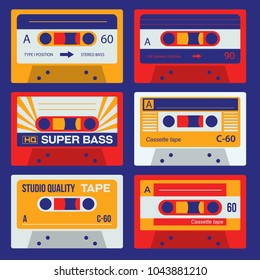 Cool vintage audio cassettes, retro technology set.