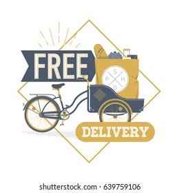 Cool vintage looking vector concept design on 'Free Delivery' with freight bicycle carrying big paper bag with goods and groceries. Ideal for local grocery shop themed graphic design