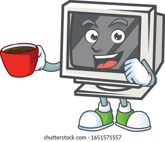 Cool vintage monitor cartoon character with a cup of coffee