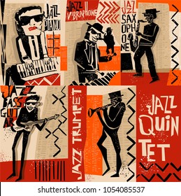 cool vintage vector of jazz band poster with trumpet player, guitarist, pianist, saxophonist and vibraphonist, nice composition and textured figures and background.for jazz concert or festival cover.