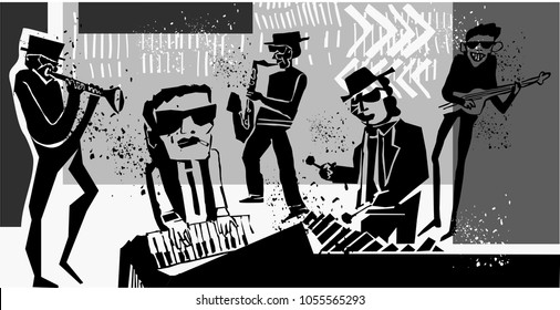 cool vintage vector of jazz band poster with trumpet player, guitarist, pianist, saxophonist and vibraphonist, nice composition and textured figures and background. for jazz concert or festival cover.