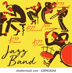 cool vintage vector of jazz band poster with trumpet player, pianist, saxophonist, drummer and  clarinetist nice composition and textured figures and background. for jazz concert or festival cover.