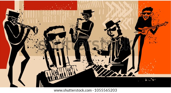 cool vintage vector of jazz band poster with\
trumpet player, guitarist, pianist, saxophonist and vibraphonist,\
nice composition and textured figures and background. for jazz\
concert or festival\
cover.