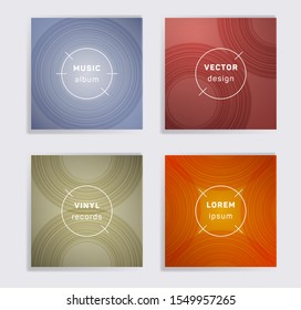 Cool vinyl records music album covers set. Semicircle curve lines patterns. Simple creative vinyl music album covers, disc mockups. DJ records disc vector mockups. Techno party posters.